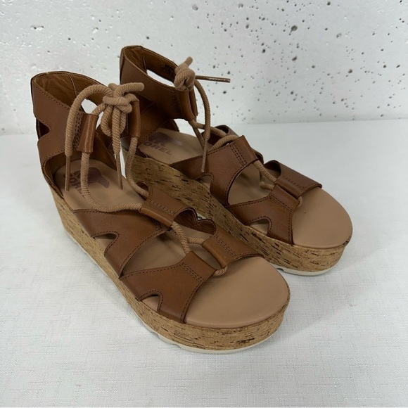 Sorel Women’s size 7 Cameron Light Brown Leather Platform Lace Up Sandals - Picture 1 of 12